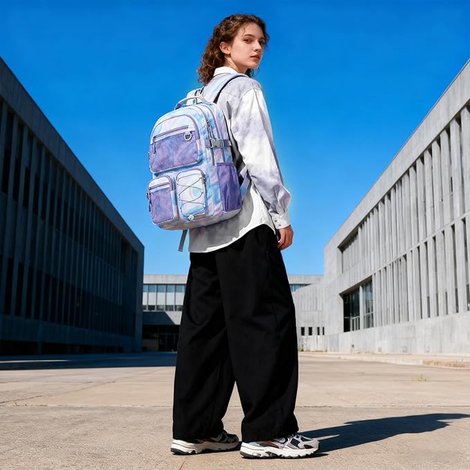 Lohol Multi-Pocket Backpack for School College Travel, Heavy Duty Big Bookbag with 15.6 inch Laptop Compartment (Purple Galaxy