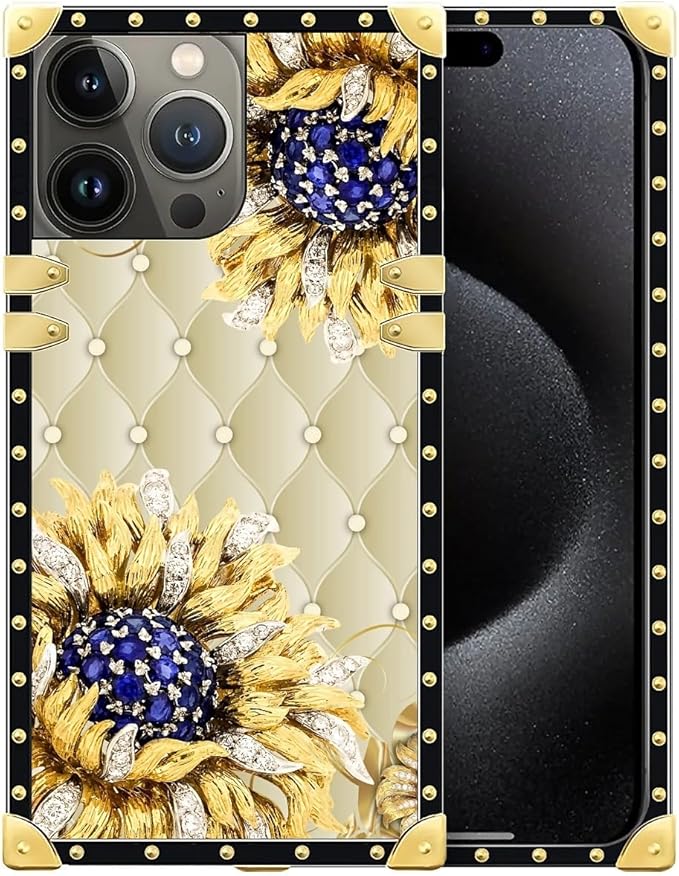 Compatible with iPhone 16 Pro Max Case, Sunflower Diamonds Leather Luxury Golden Decoration for Girl Women Soft TPU Shockproof Protective Hard PC Back for iPhone 16 Pro Max