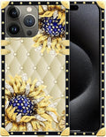Compatible with iPhone 16 Pro Max Case, Sunflower Diamonds Leather Luxury Golden Decoration for Girl Women Soft TPU Shockproof Protective Hard PC Back for iPhone 16 Pro Max