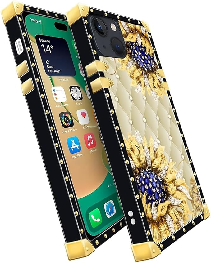 Compatible with iPhone 14 Case, Sunflower Diamonds Leather Luxury Golden Decoration for Girl Women Soft TPU Shockproof Protective Hard PC Back for iPhone 14