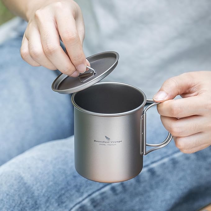 Boundless Voyage Titanium Camping Mug with Lid 300ml 450ml 750ml Lightweight Folding Handle Cup for Outdoor Backpacking Hiking Travel Durable Portable (300ml)