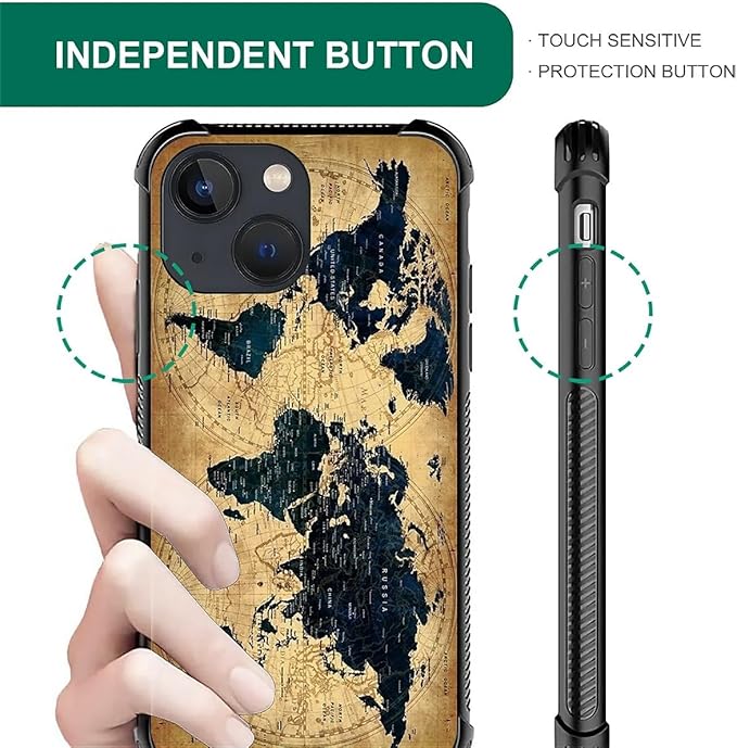 for iPhone 13 Case, Brown World Map Pattern Graphic Design Girl Boy Soft Silicone Hard Acrylic Shock Protection for iPhone 13