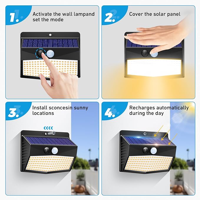 Peasur 16 Packs Solar Outdoor Lights Motion Sensor Solar Security Light Waterproof with 3 Lighting Modes Solar Powered Wall Lights Outside for Garden Fence Yard, Warm White