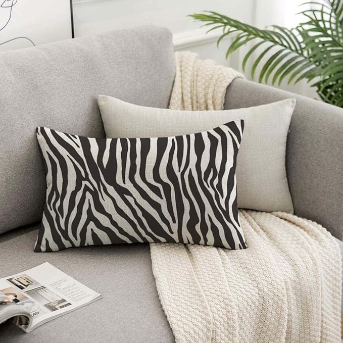 TKS MITLAN Zebra Print Pillow Covers 12 x 20 Inch Black White Leopard Line Stripes Wild Animal Skin Decorative Throw Pillow Covers Linen Cushion Case for Sofa Couch