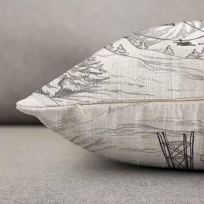 TKS MITLAN Mountain Ski Lift Pillow Cover 12x20 inch Sketch White Wintertime Snow Landscape Resort Rustic Linen Throw Pillow Covers 12x20 Inch for Sofa Couch Decoration