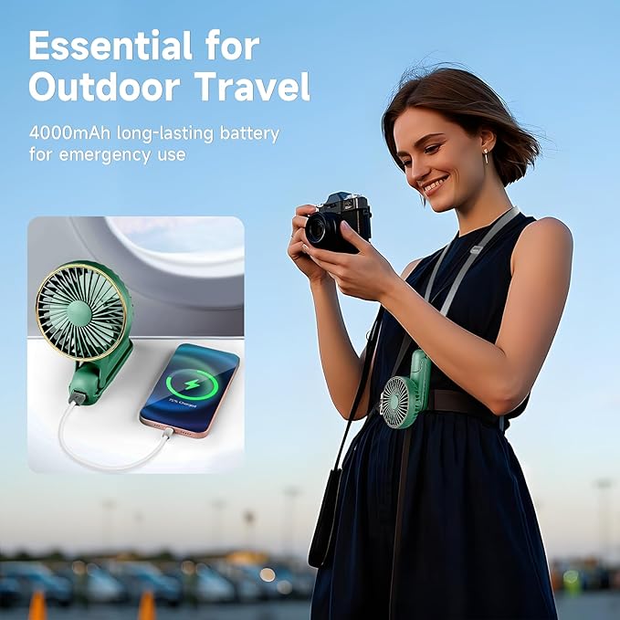Portable Handheld Fan, 180° Foldable Personal Fan, USB Rechargeable Mini Hand Fans for Travel/Summer/Outdoor/Office, 5 Speeds Adjustable, LED Display, [5-15 Working Hours],Green