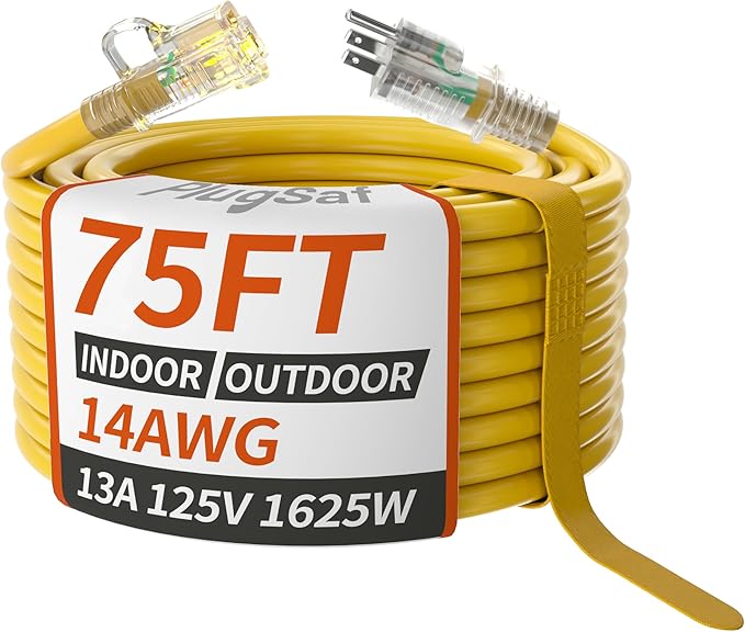 PlugSaf 14/3 Gauge Yellow Outdoor Extension Cord 75 ft Waterproof with Lighted Indicator, Cold Weatherproof -40°C, Flexible 3 Prong Extension Cord Outside,13A 1625W 14AWG SJTW, ETL Listed