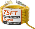 PlugSaf 14/3 Gauge Yellow Outdoor Extension Cord 75 ft Waterproof with Lighted Indicator, Cold Weatherproof -40°C, Flexible 3 Prong Extension Cord Outside,13A 1625W 14AWG SJTW, ETL Listed
