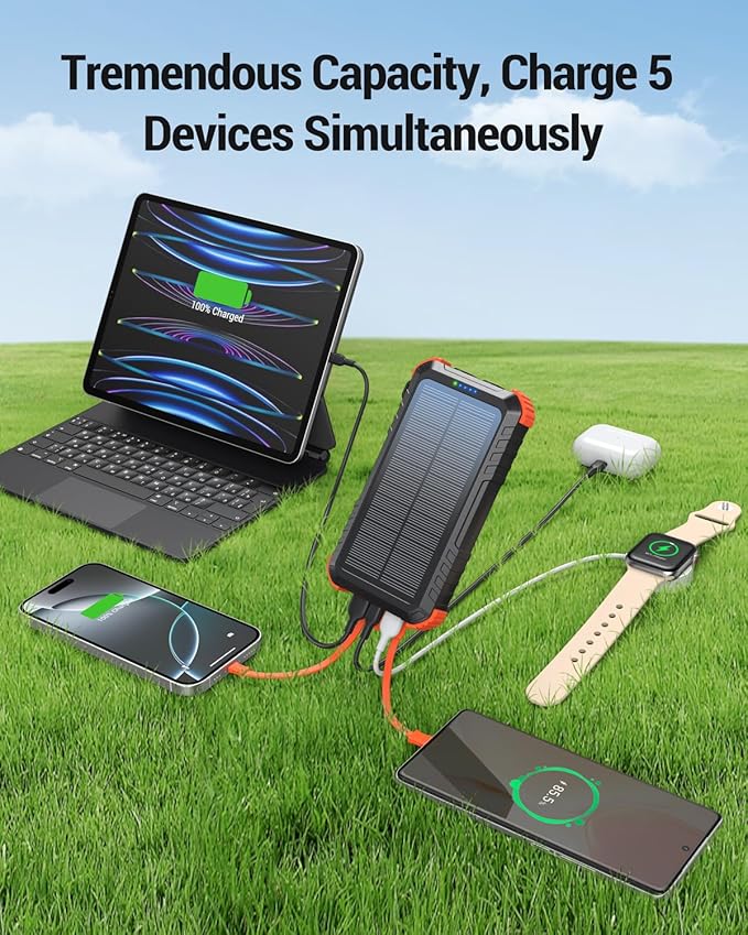 Power-Bank-Solar-Charger 45800mAh Fast Charging with 3 Built-in Cables LED Flashlight Portable External Battery Pack Compatible with All Smartphone, Tablet, Drone, Camera, etc.