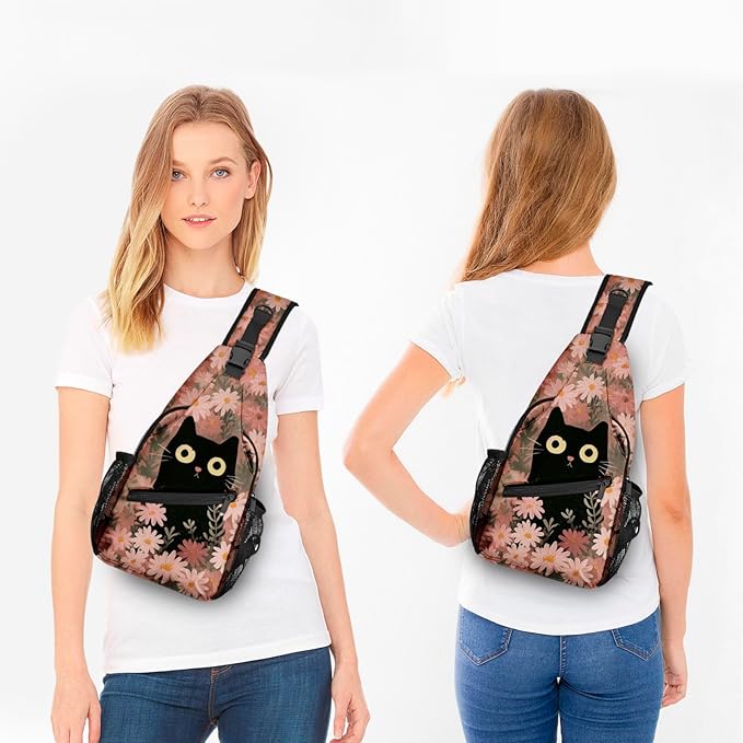 FyLybois Cat Sling Bag for Women Lightweight Crossbody Backpack Casual Daypack with Adjustable Strap for Travel Work Hiking Everyday Use (Black)