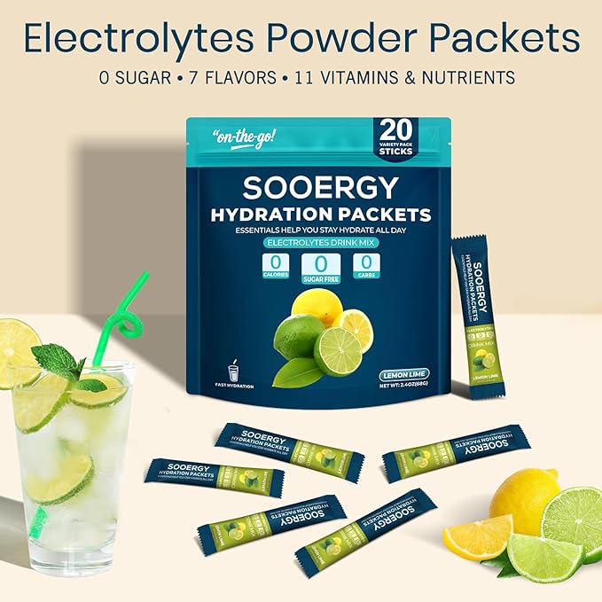 Electrolytes Powder Packets Sugar Free Hydration Packets, Liquid Daily IV Electrolyte Drink Mixex for Rehydration with Electrolytes, Vitamins, 0 Calorie, Lemon Lime Flavor, 20 Sticks