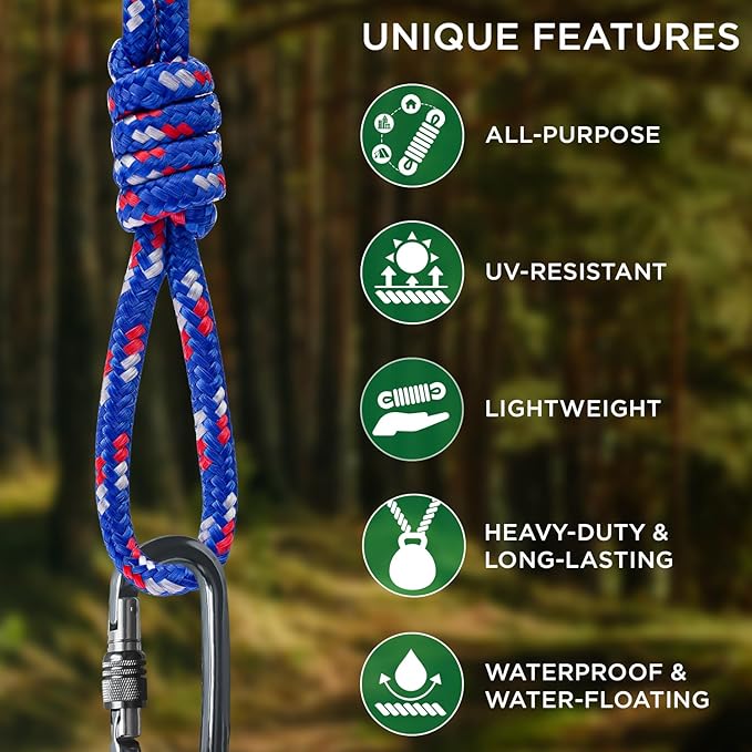 TECEUM Rope – 150 Feet x 1/4 Inch (7mm) – Patriot Mix – Strong All-Purpose Utility Rope – Camping, Crafting, Flag Pole, Indoor & Outdoor – Polypropylene Nylon Poly Lightweight Diamond Braided Cord