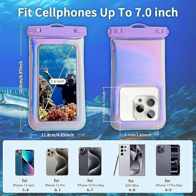 Floatable Waterproof Phone Pouch for iPhone 17 16 Pro Max/15/14/13, IP68 Travel Cellphone Dry Bag Beach Cruise Ship Essentials Bags with Crossbody Lanyard, Iridescent Purple and Pink-7″2 Pax