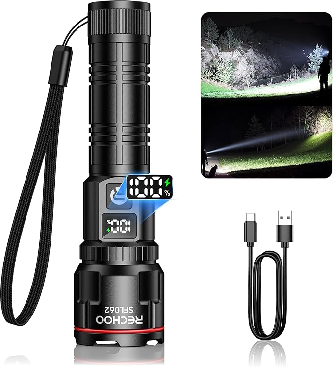 RECHOO Rechargeable Flashlights 1 Pack, Super Bright High Lumens LED Flashlight with LCD Digital Display, 3 Lighting Modes & Zoomable Handheld Flash Lights for Home Camping Emergency