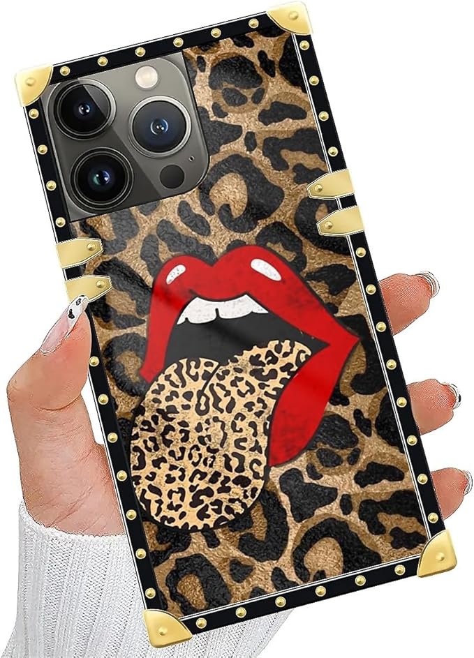 Compatible with iPhone 15 Pro Case, Brown Leopard Print Mouth Luxury Golden Decoration for Girl Women Soft TPU Shockproof Protective Hard PC Back for iPhone 15 Pro