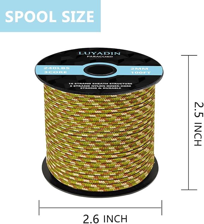 Paracord 240lb - Diameter 2mm Micro Utility Cord -3 Strand Parachute Spool Cord - 100ft 200ft,Paracord for Camping,Hiking,Fishing,Outdoor and DIY