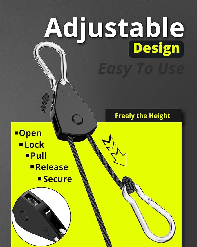 Longer 10ft 1/8" Ratchet Straps Hanger Rope Tie-Down Ratchet Outdoor Windproof Rope Roller Adjustable Hanger Grow Light Camping Tent Kayak Paracord 12-Pack