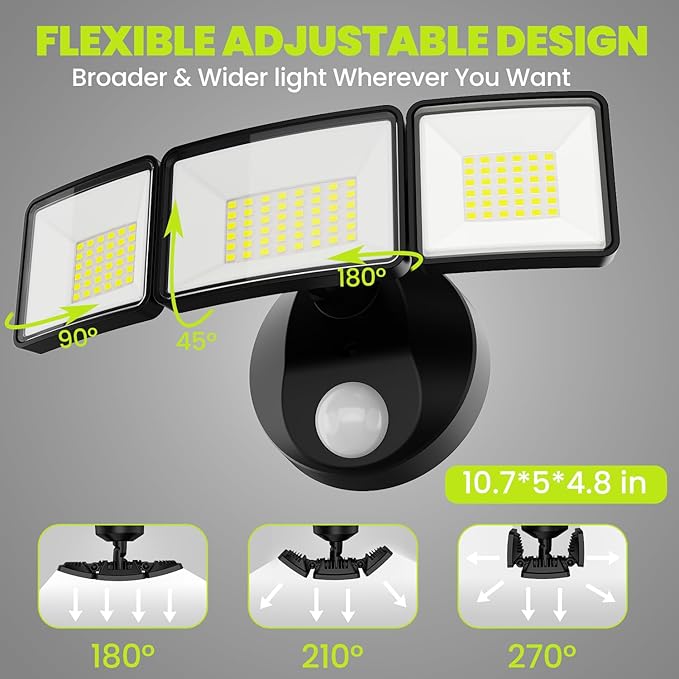 7500LM LED Security Light Motion Sensor Outdoor Lights, Adjustable 3 Head Hardwired LED Flood Lights Outdoor, IP66 Waterproof, 38W Motion Detected Lights for Outside, House, Garage, Yard