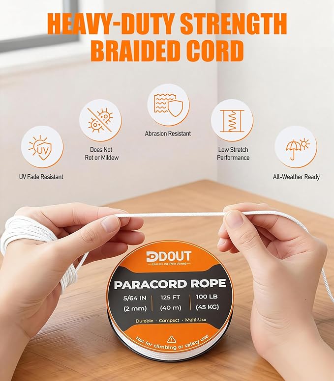 DDOUT 2mm Paracord 100lb, Thin Micro Paracord Rope, White 125FT Nylon Cord for Crafting, DIY Projects, Fishing, Camping & Outdoor