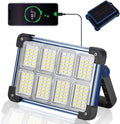 120W Solar Rechargeable Work Light, 144 LED Portable Flood Light with Stand, IP66 Waterproof 4 Modes LED Job Site Lighting Flashlights for Mechanic Camping Fishing Car Repair(Blue 1 Pack)