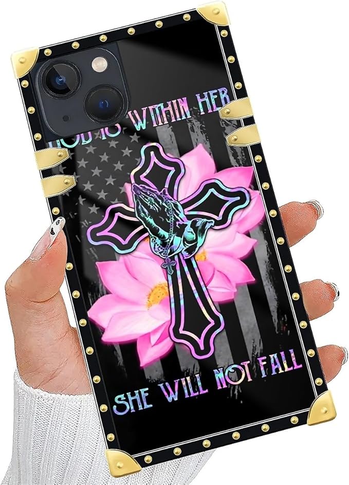 Compatible with iPhone 14 Case, Praying Cross Hands Luxury Golden Decoration for Girl Women Soft TPU Shockproof Protective Hard PC Back for iPhone 14