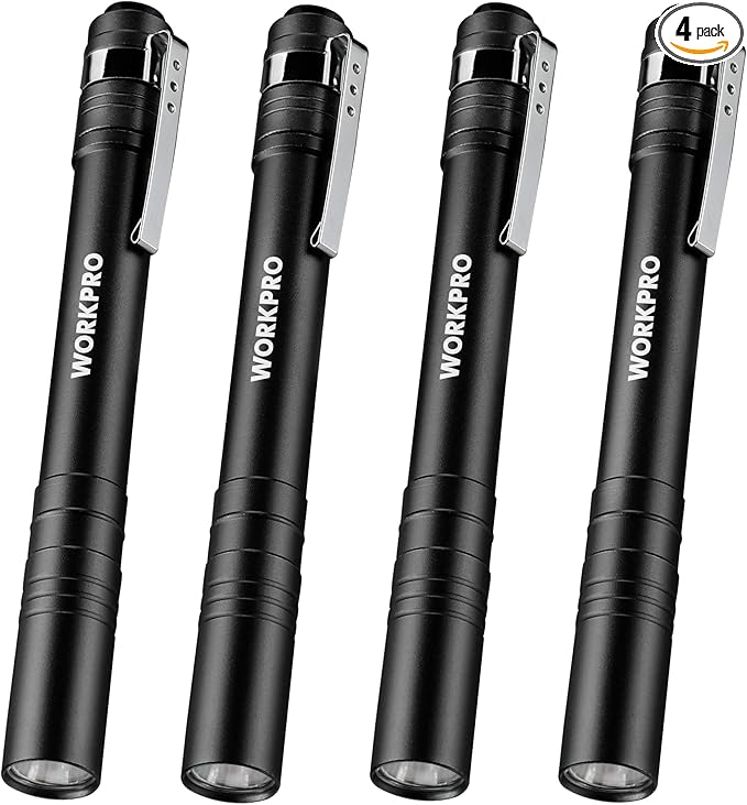 WORKPRO LED Pen Light, Aluminum Pen Flashlights, Pocket Flashlight with Clip for Inspection, Emergency, Everyday, Black(4-Pack)