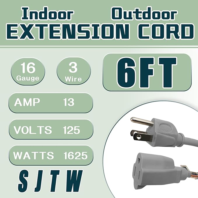 Indoor Outdoor Extension Cord 6 FT, 16/3 SJTW Weatherproof Grey Electrical Cords, 13 AMP Heavy Duty 3 Prong Power Cable Great for Garden, Landscaping & Holiday Decorations