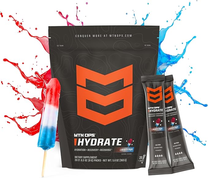 MTN OPS Hydrate Low Sugar Electrolyte Powder Drink Mix with 1g D-Ribose Sugar, 1000mg Electrolytes, On-The-Go Packs, 20 Stick Packs, Liberty Pop