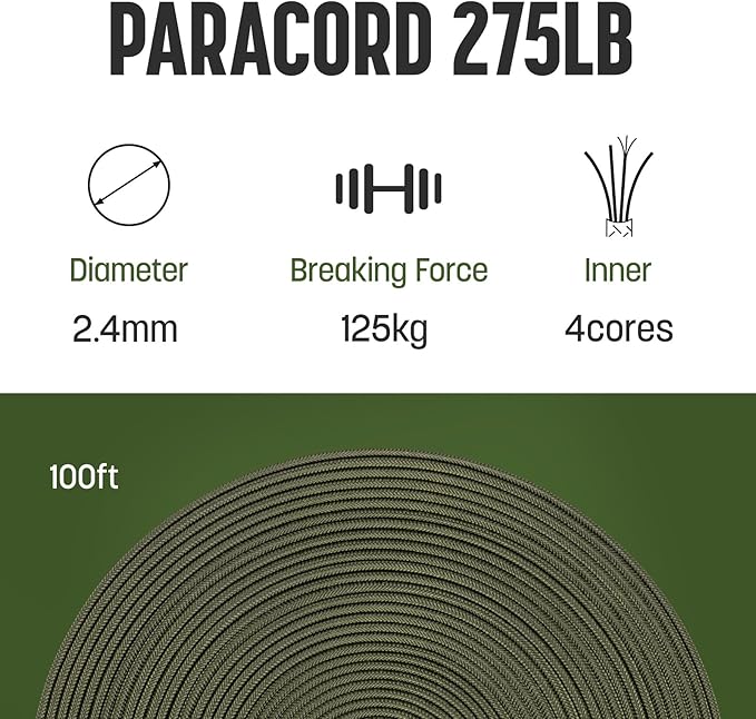 2.4mm Paracord 275LBS 100FT Rope Cord - 4 Strand, Nylon & Polyester, Abrasion Resistance - Army Green