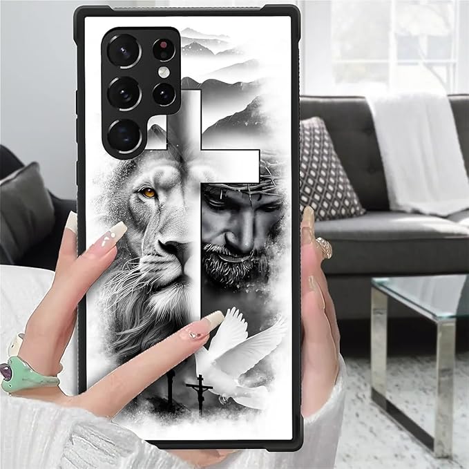 for Samsung Galaxy S23 Ultra Case, Lion Cross Jesus Christ Dove Pattern Graphic Design Girl Boy Soft Silicone Hard Acrylic Shock Protection for Samsung Galaxy S23 Ultra