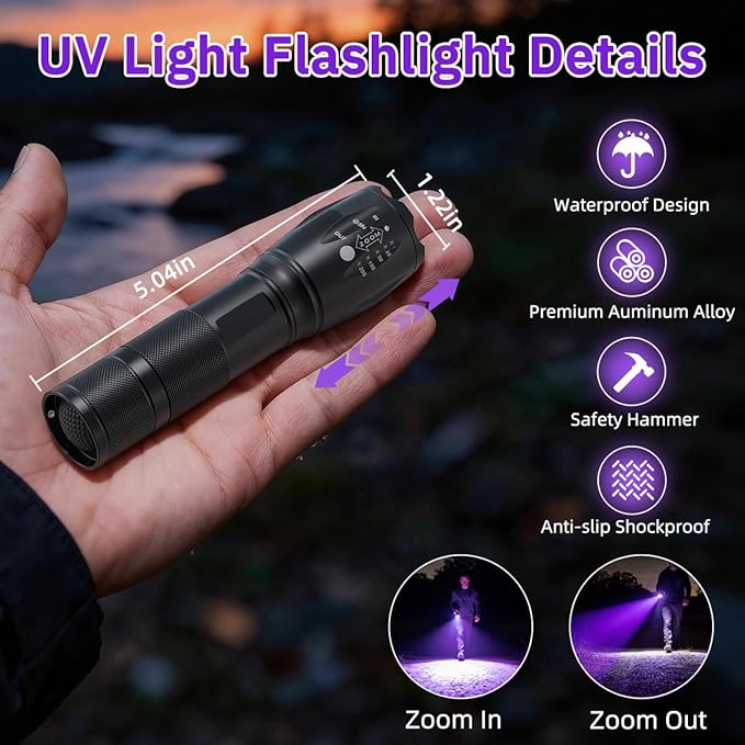 6Pack Small UV Flashlight Black Light, 395nm UV Light Flashlights, Portable LED Blacklight Flashlight, Mini Black Lights Detector for Dog/Cat/Pet Urine, Rocks, Bed Bug, Resin Curing, Scorpions Finder