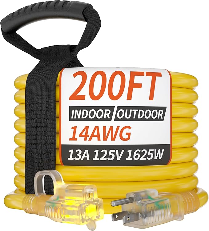 PlugSaf 200 ft 14/3 Gauge Yellow Extension Cord Outdoor with Lighted Indicator, Cold Weatherproof -40°C, Flexible Waterproof 3 Prong Extension Cord Outside,13A 1625W 14AWG SJTW, ETL Listed