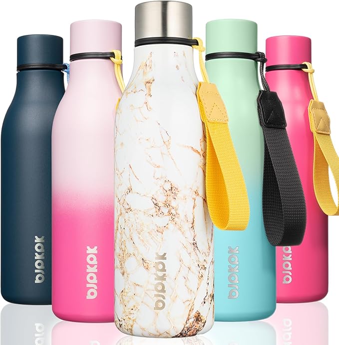 BJPKPK Insulated Water Bottles, 18 oz Stainless Steel Metal Water Bottle with Strap, BPA Free Leak Proof Jugs, Mugs, Flasks, Reusable Thermal Flasks for Sports & Travel, Marble-Amber