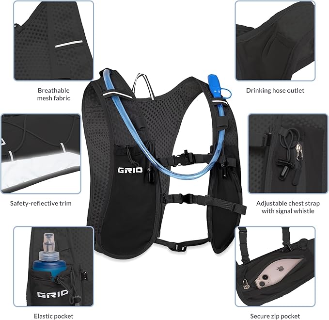 GRIO Hydration Running Vest for Women Men, Water Backpack for Hiking ,with 1.5L Water Bladder, Lightweight Breathable Reflective Hydration Pack for Marathon, Trail, Hiking, Cycling
