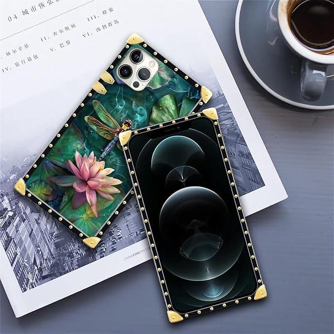Compatible with iPhone 11 Pro Max Case, Colourful Dragonfly Pink Lily Pads Luxury Golden Decoration for Girl Women Soft TPU Shockproof Protective Hard PC Back for iPhone 11 Pro Max