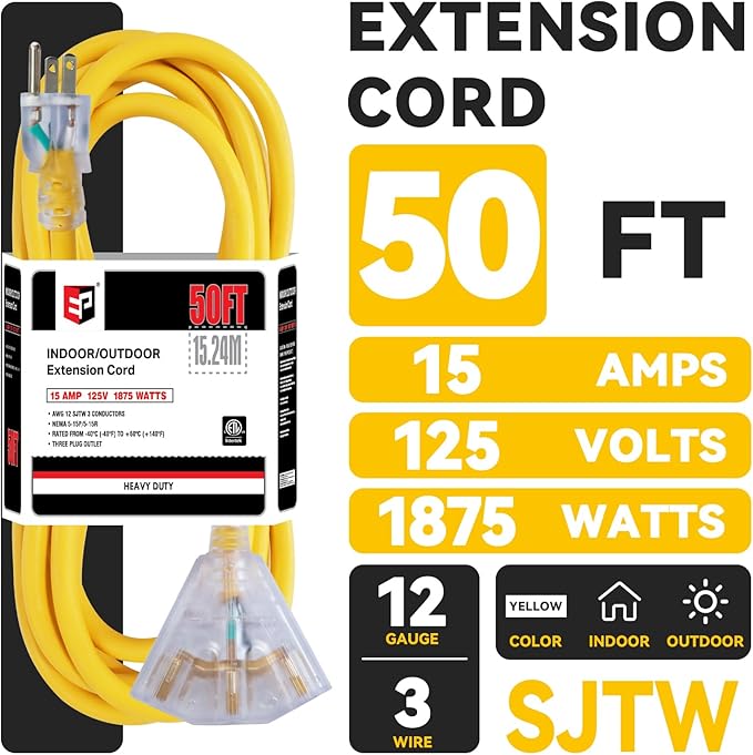 EP 50 Ft 12 Gauge Heavy Duty Extension Cord, 15A 125V 1875W, 3 Outlet Indoor/Outdoor Power Cord with Lighted End, 12/3 SJTW Weatherproof Yellow