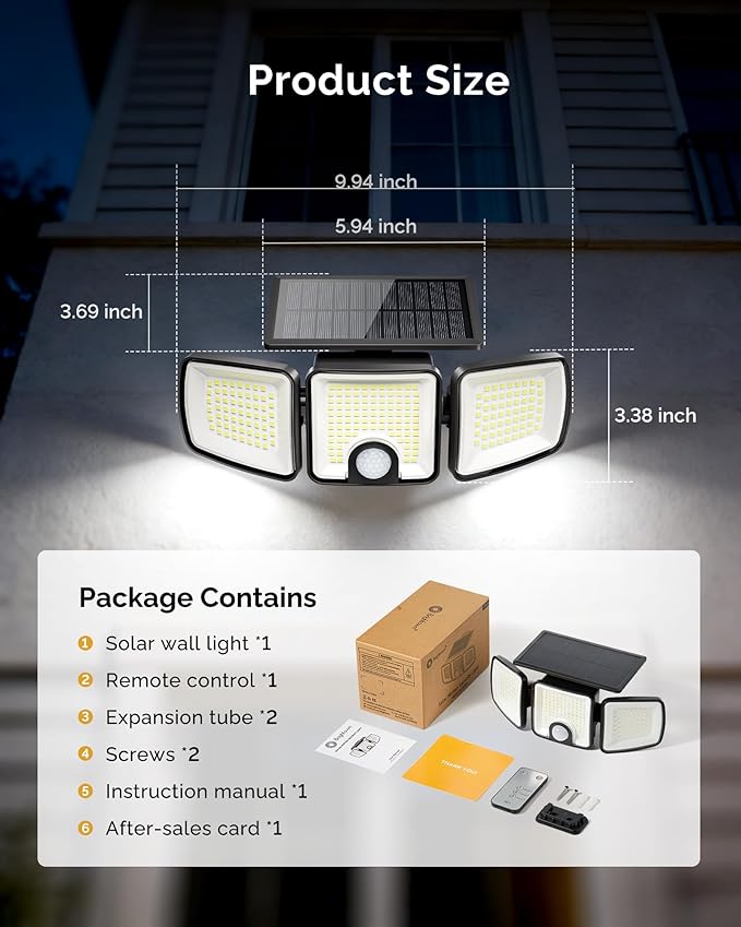 Brightown 1 Pack Solar Outdoor Lights with Motion Sensor, 223 LED 3 Head 270° Wide Angle Street Area Security Lights with Remote, IP65 Waterproof Flood Wall Lights with 3 Modes for Yard Outside