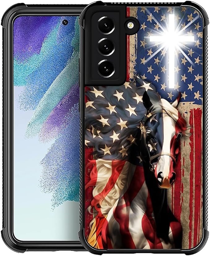 for Samsung Galaxy S22 Plus Case, Red American Flag Horse Cross Pattern Graphic Design Girl Boy Soft Silicone Hard Acrylic Shock Protection for Samsung Galaxy S22 Plus