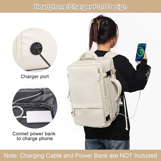 Sinaliy Travel Backpack for Women, Expandable 40L Carry on Flight Approved Backpack, 17 Inch Laptop Waterproof Travel Bag for College, Travel, Work, Beige
