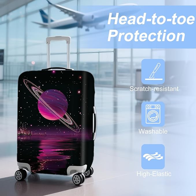 ANNA QUEEN Cosmic Purple Saturn Luggage Cover-Stretchable,Water Resistant & Durable Suitcase Protector,Universal Washable Fit for 20-22 Inch Checked Baggage