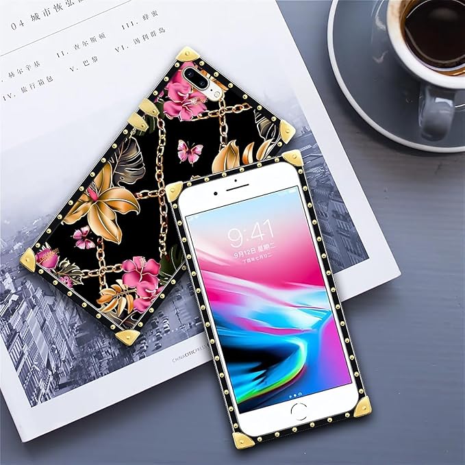 Compatible with iPhone 8 Plus 7 Plus Case, Pink Golden Chain Tropical Flower Luxury Golden Decoration for Girl Women Soft TPU Shockproof Protective Hard PC Back