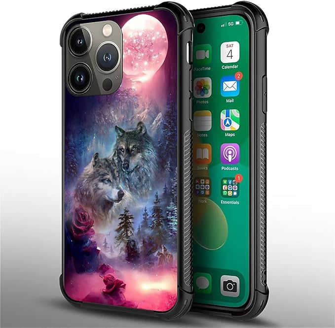 for iPhone 13 Pro Max Case, Star Two Wolfs Howling Pattern Graphic Design Girl Boy Soft Silicone Hard Acrylic Shock Protection for iPhone 13 Pro Max