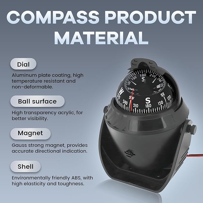 Boat Compass with Magnetic Declination Adjustment, Pivoting Marine Compass Multifunction Digital Navigation Dashboard LED Illumination & Backlight for Marine Boat Truck Car