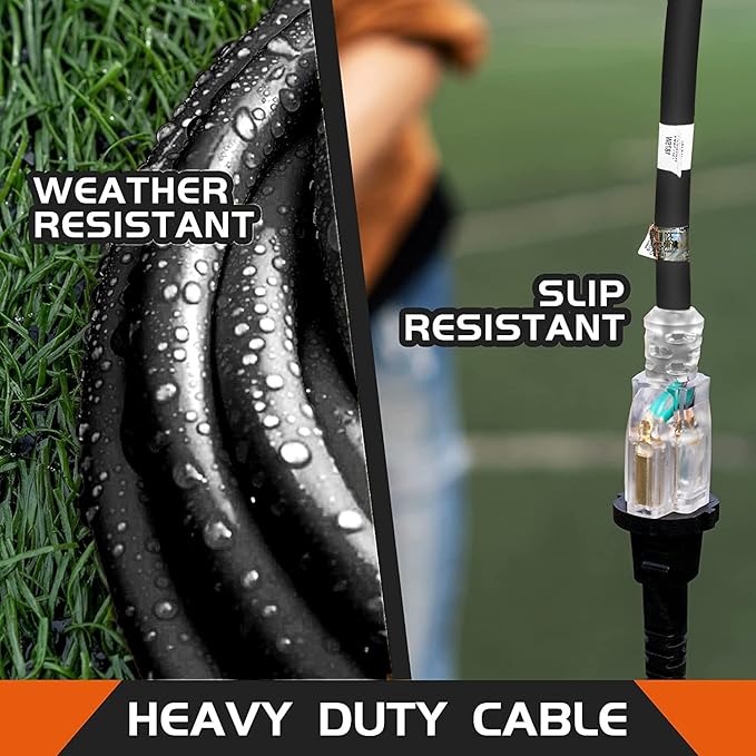 Indoor Outdoor Extension Cord Weatherproof with Lighted End, UL Listed, 10 Gauge 10FT Black 3 Prong Heavy Duty, 10/3 SJTW 15A Power Cord for Outdoor Lights, Lawn