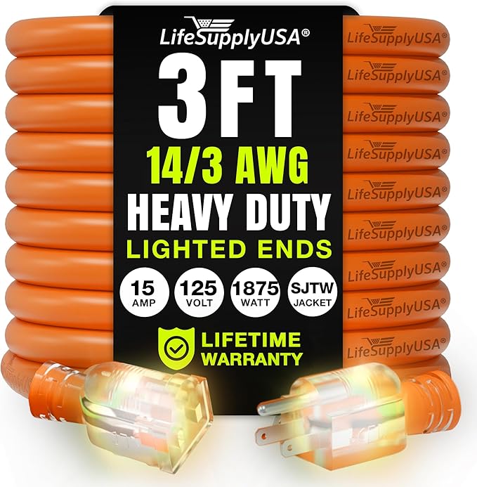 3ft Outdoor/Indoor Extension Cord 14/3 Gauge Heavy Duty 3 Prong SJTW, Waterproof, Flexible Cold-Resistant Long Power Cord,15A 125V 1875W, Orange by LifeSupplyUSA