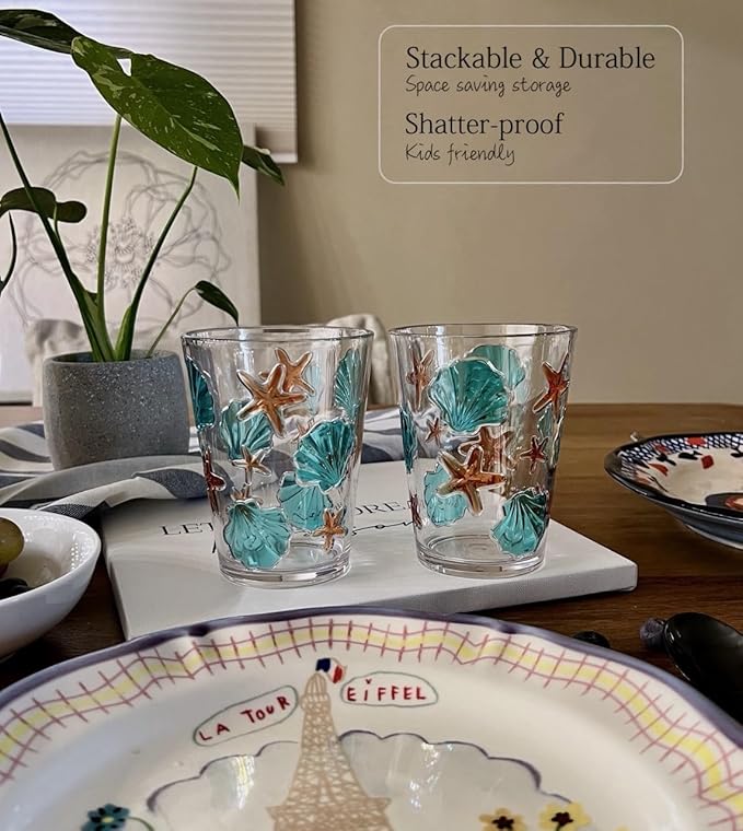 KLIFA- HAWAII series- 15.2 & 20.9 ounce, Set of 8, Sea World Acrylic Drinking Glasses, Shatter-proof Tumblers, BPA-Free, Stackable Plastic Drinkware, Dishwasher Safe Cups, Clear with 2-color printing