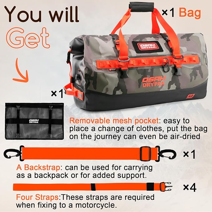 OSAH DRYPAK Waterproof Duffel Bag 25L/40L/60L – Heavy-Duty Motorcycle Tail Bag, Roll-Top Dry Bag for Travel, Camping, Boating, Kayaking, Outdoor Adventure