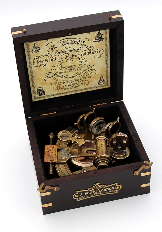 Handmade Astrolabe Brass Sextant inbuild Compass with Hardwood Box.