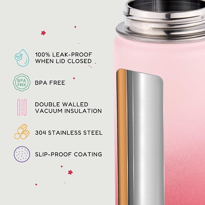 Fijinhom 12oz Kids Water Bottle for School, Toddler Bottles with Straws, Stainless Steel Vacuum Insulated Water Bottle for Boys&Girls, Leak-Proof, BPA-Free, Cherry