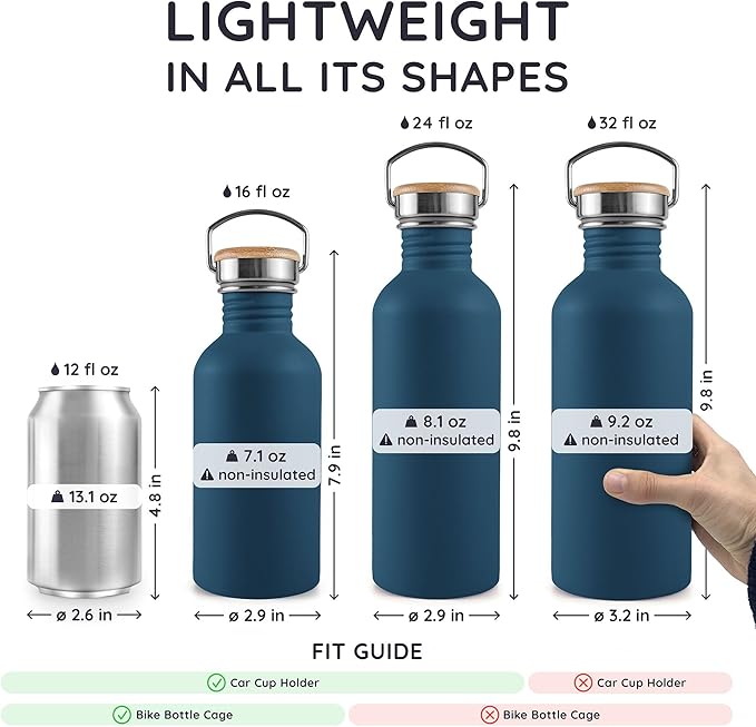 Bambaw Stainless Steel Water Bottle 16 oz, Navy Blue Sports Bottle, Non-Insulated Single Wall, Children's Small Metal Water Bottle, 500 ml, Reusable – Aegean Blue